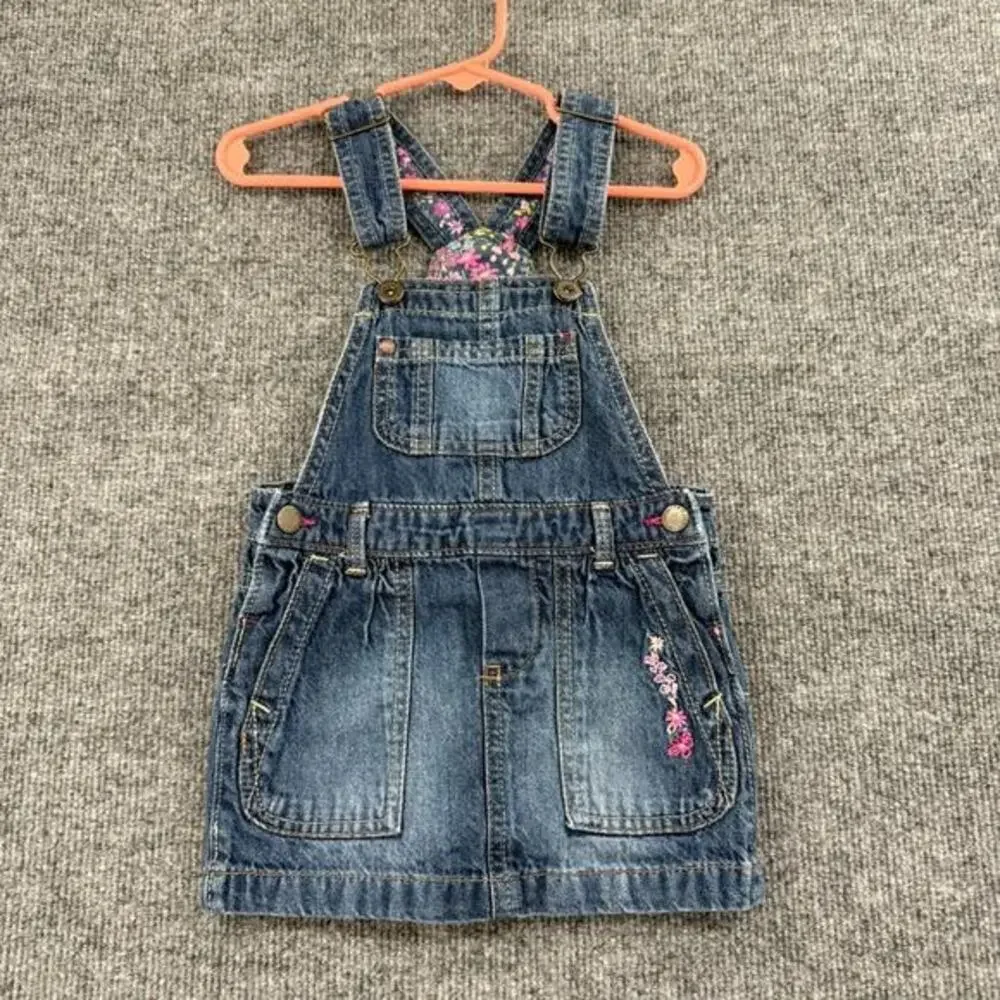 Genuine Kids Oshkosh Baby Girls Denim Overall Dress Size 18 Months Embroidered